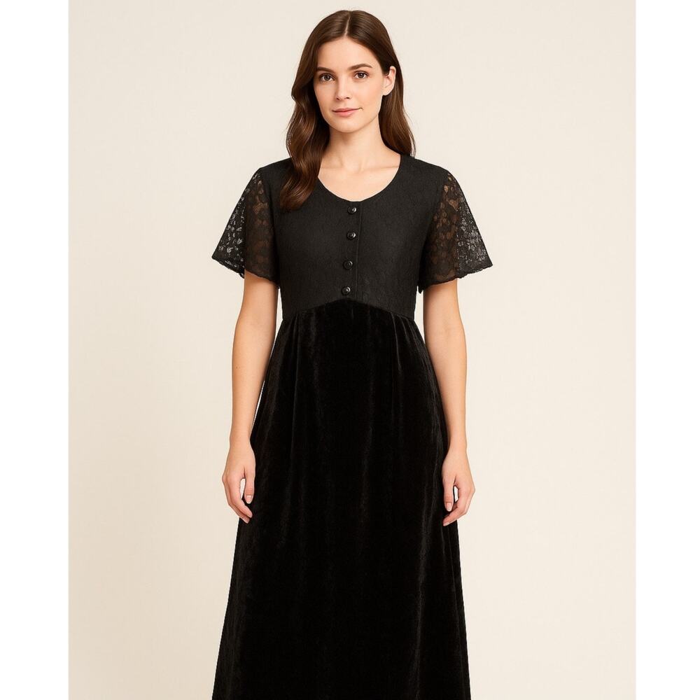 Vintage 1990s Ms. Choice Black Lace & Velvet Maxi Dress Made in USA large